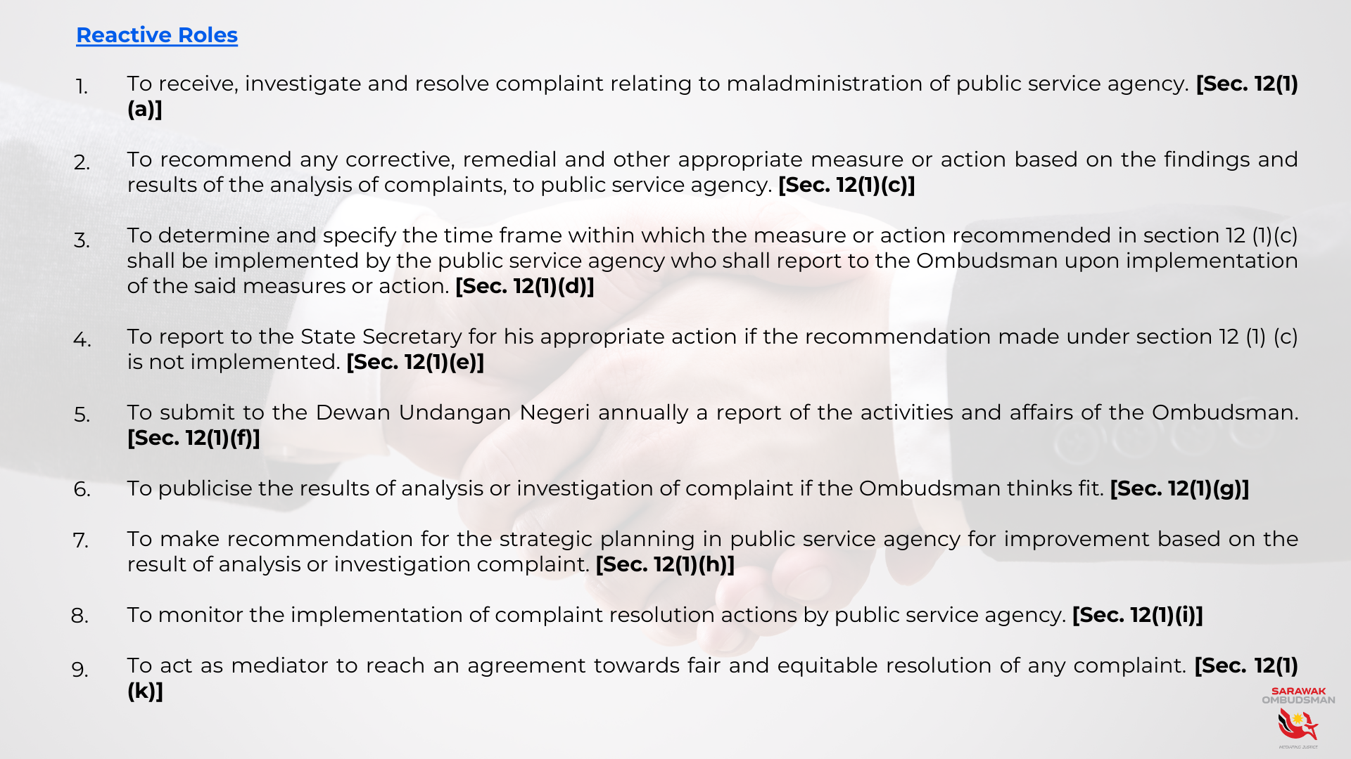 Functions of Ombudsman Reactive Roles